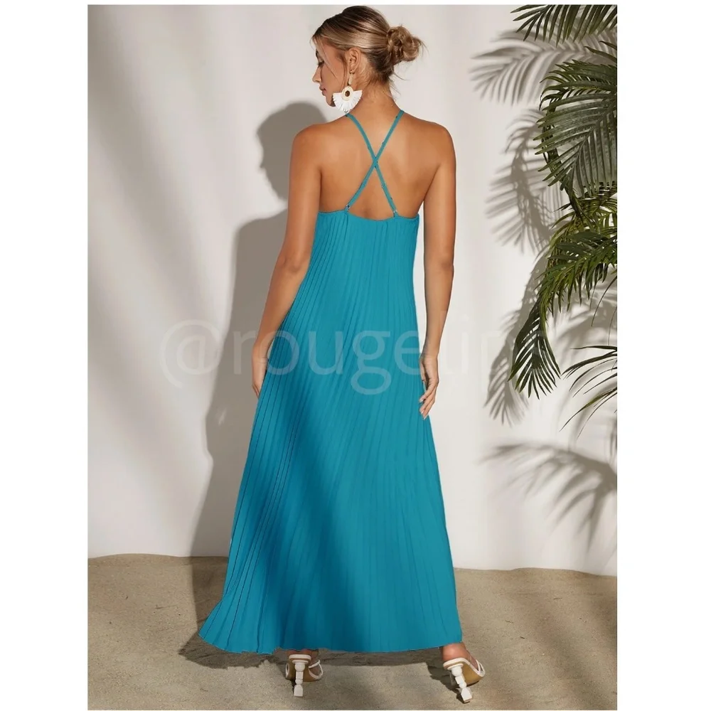 Blue Pleated A-Line Maxi Dress Criss Cross Back Straps - Picture 7 of 8